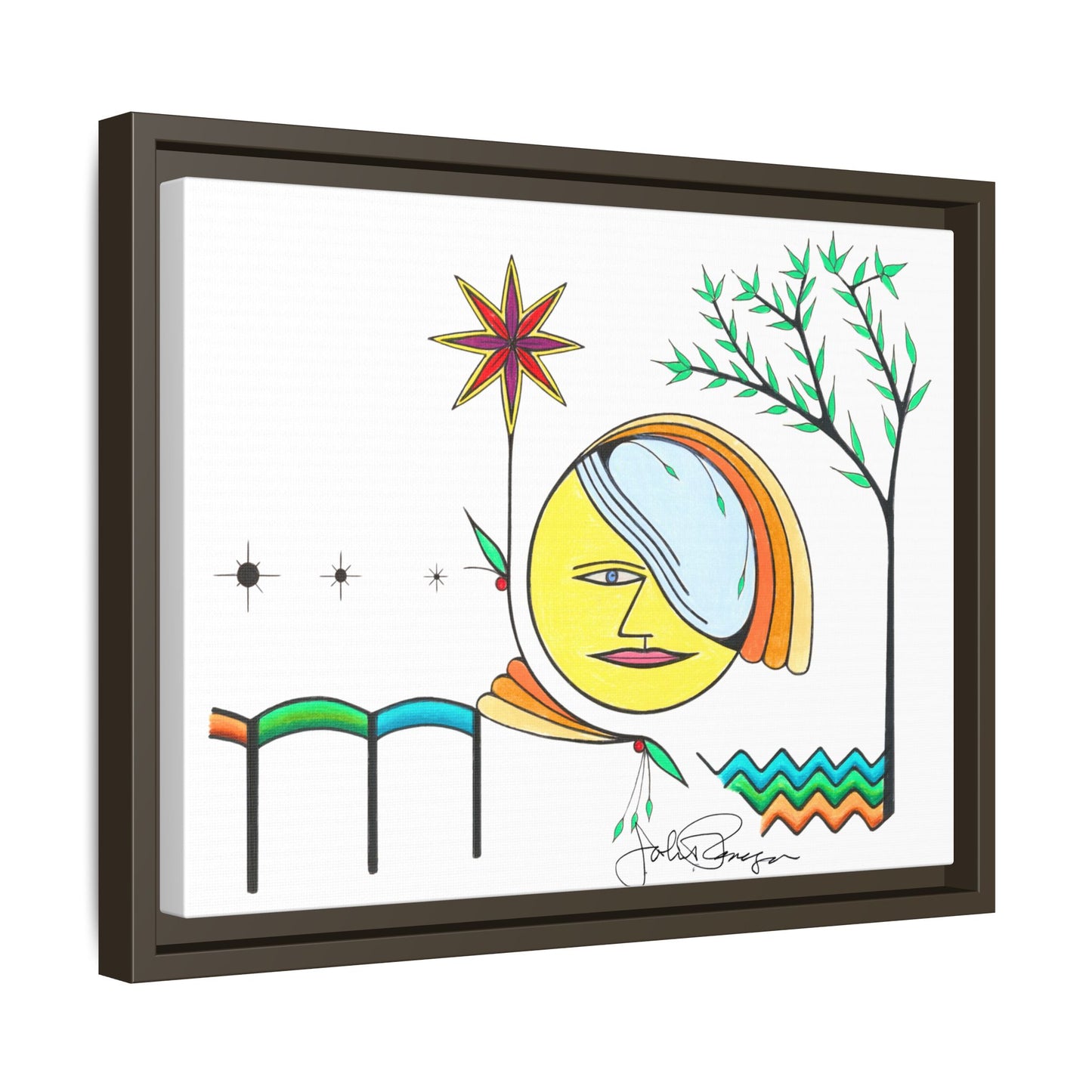Framed Matte Canvas Art – Colorful Abstract Sun & Star Illustration