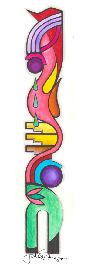 A colorful abstract vertical artwork with flowing curved shapes in red, pink, purple, yellow, green, blue, orange, and black on a white background, signed at the bottom. Hand drawn by Papa Jack.