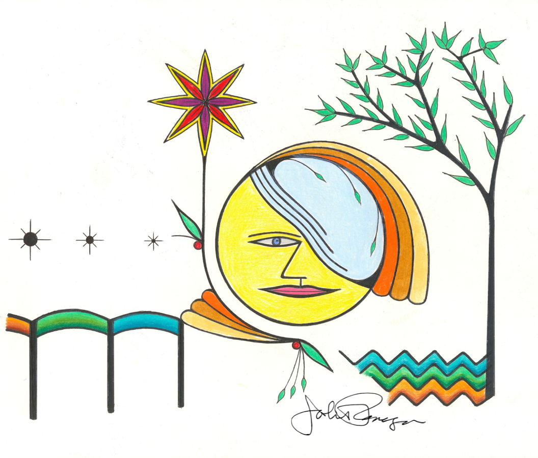 A colorful abstract folk-art style illustration on a white background, featuring a large yellow circular face with a pale blue eye and orange hair, a red and yellow star, green leaves, a tree, and geometric shapes. Hand drawn and signed by Papa Jack at the bottom right.