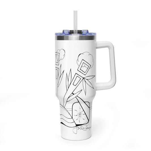 A travel tumbler with a clear straw and a black line art abstract graphic of a cactus and leaves. The tumbler has a clear lid and is shown on a clean white background. Handles in various colors