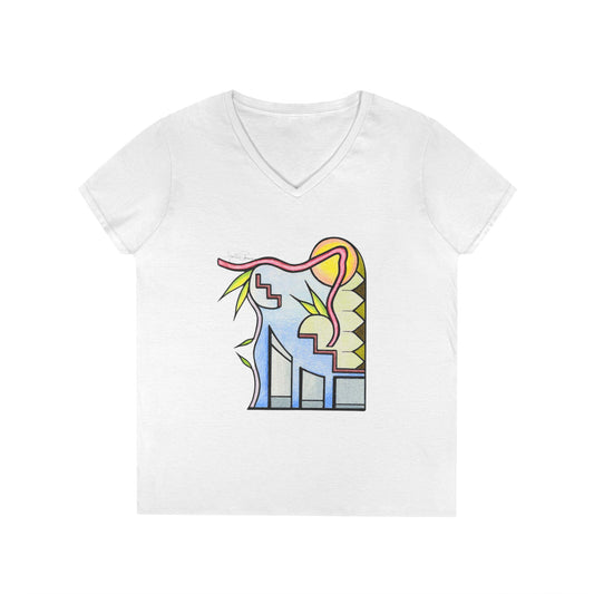 A short-sleeve V-neck t-shirt featuring a colorful graphic hand drawn by Papa Jack of geometric shapes in yellow, blue, pink, and green.