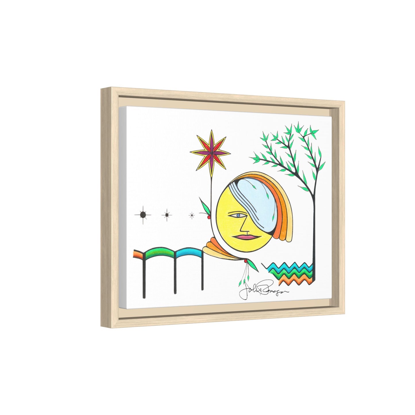 Framed Matte Canvas Art – Colorful Abstract Sun & Star Illustration