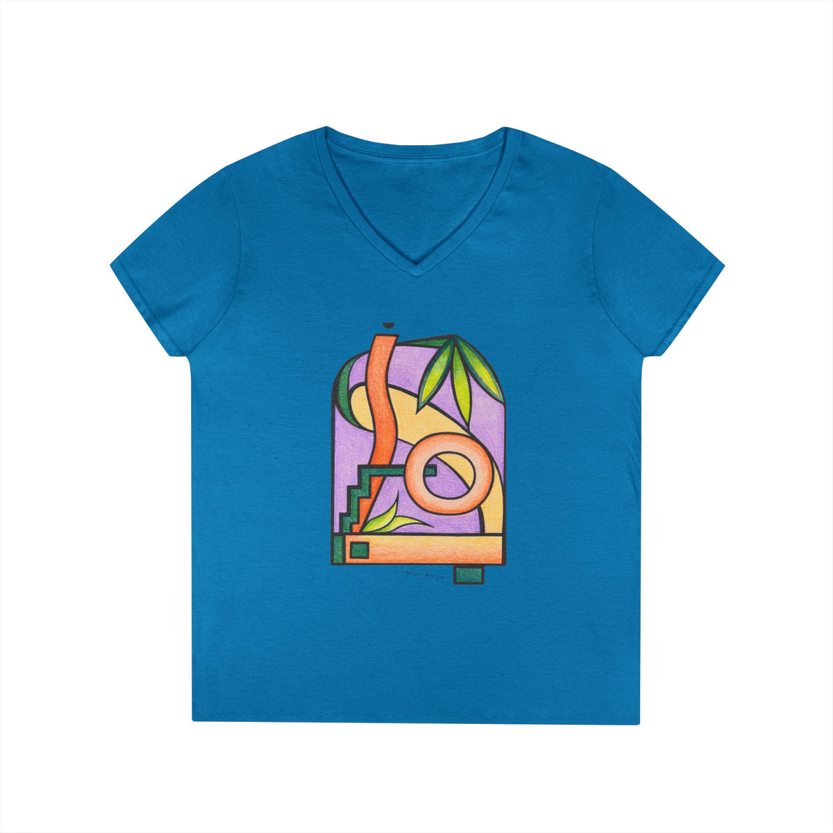 Woman's Premium Short Sleeve V-Neck Wearable Art | Colorful Geometric Palm Design