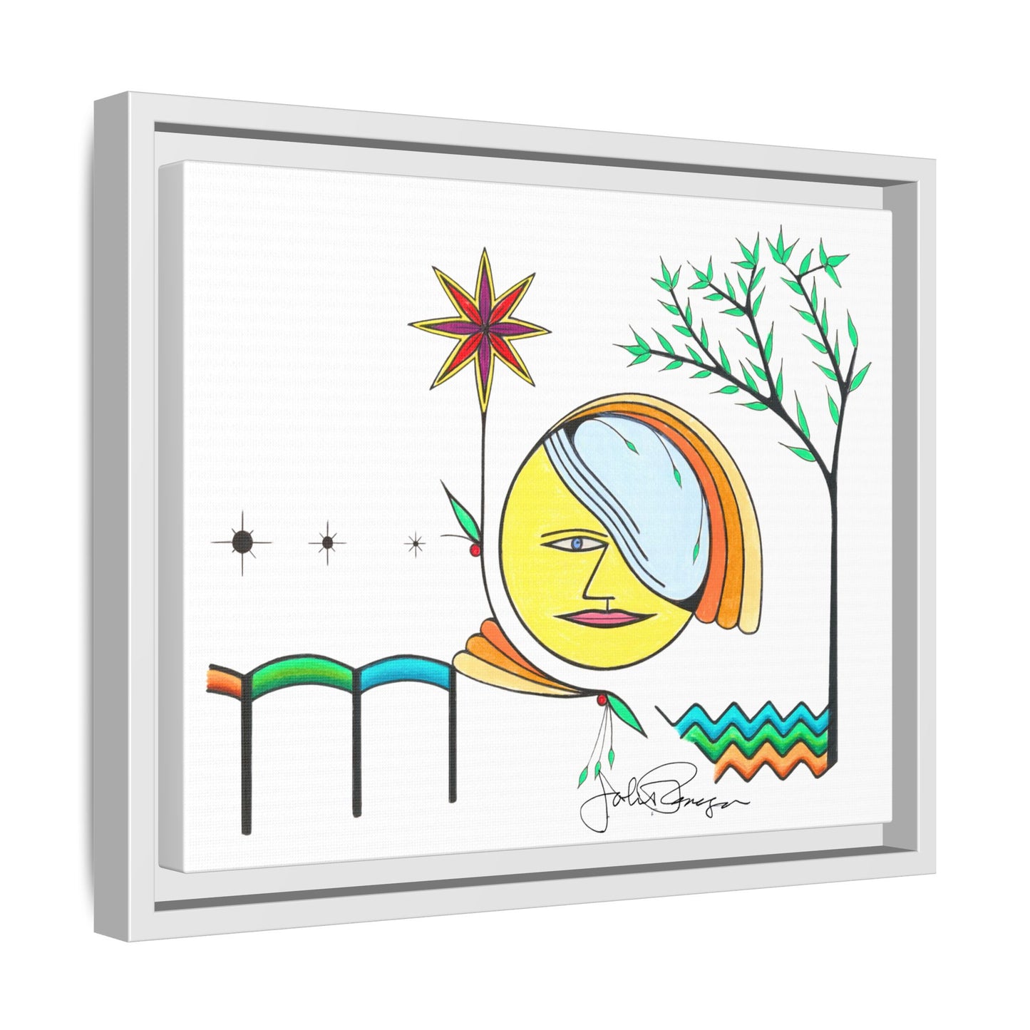Framed Matte Canvas Art – Colorful Abstract Sun & Star Illustration