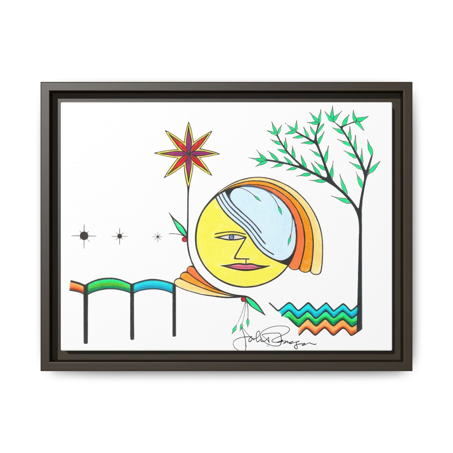 Framed Matte Canvas Art – Colorful Abstract Sun & Star Illustration