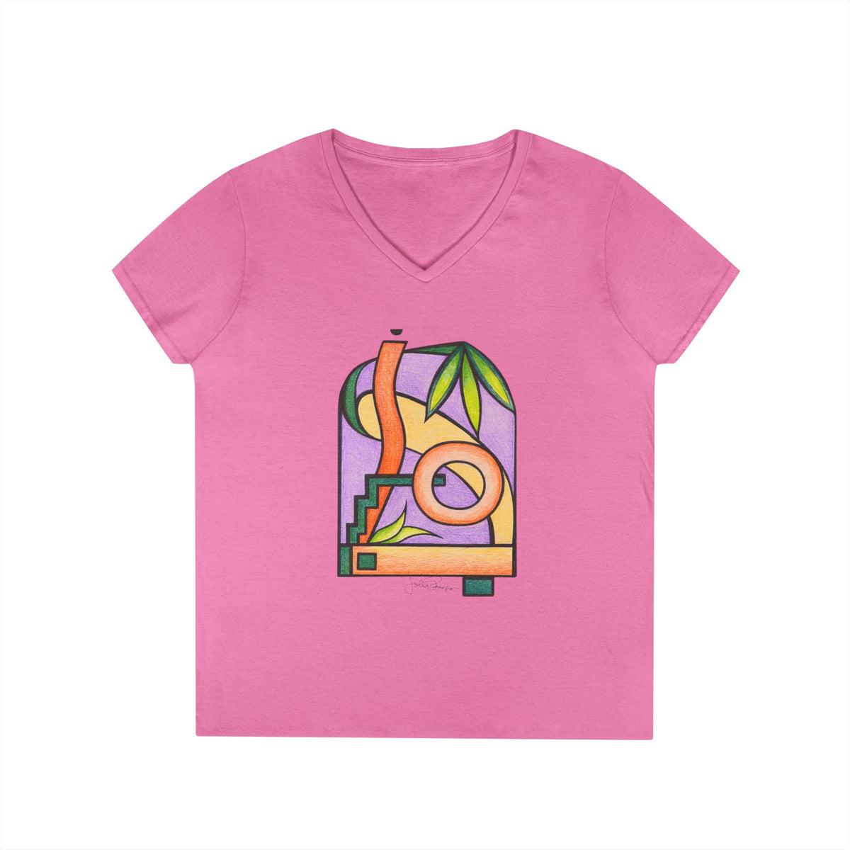 Woman's Premium Short Sleeve V-Neck Wearable Art | Colorful Geometric Palm Design
