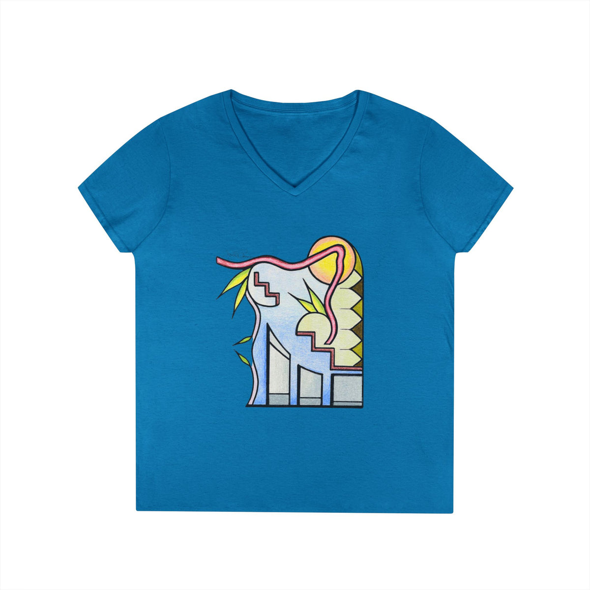 Woman's Premium Short Sleeve V-Neck Wearable Art | Sunrise Cityscape