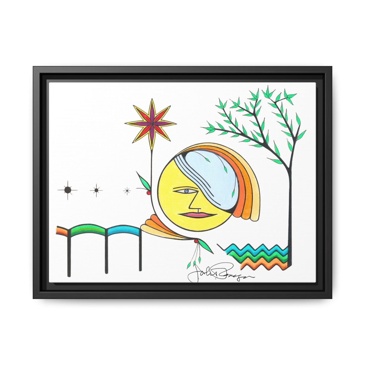 Framed Matte Canvas Art – Colorful Abstract Sun & Star Illustration