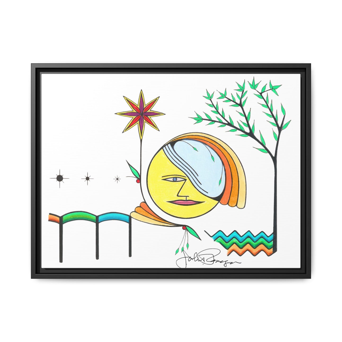 Framed Matte Canvas Art – Colorful Abstract Sun & Star Illustration