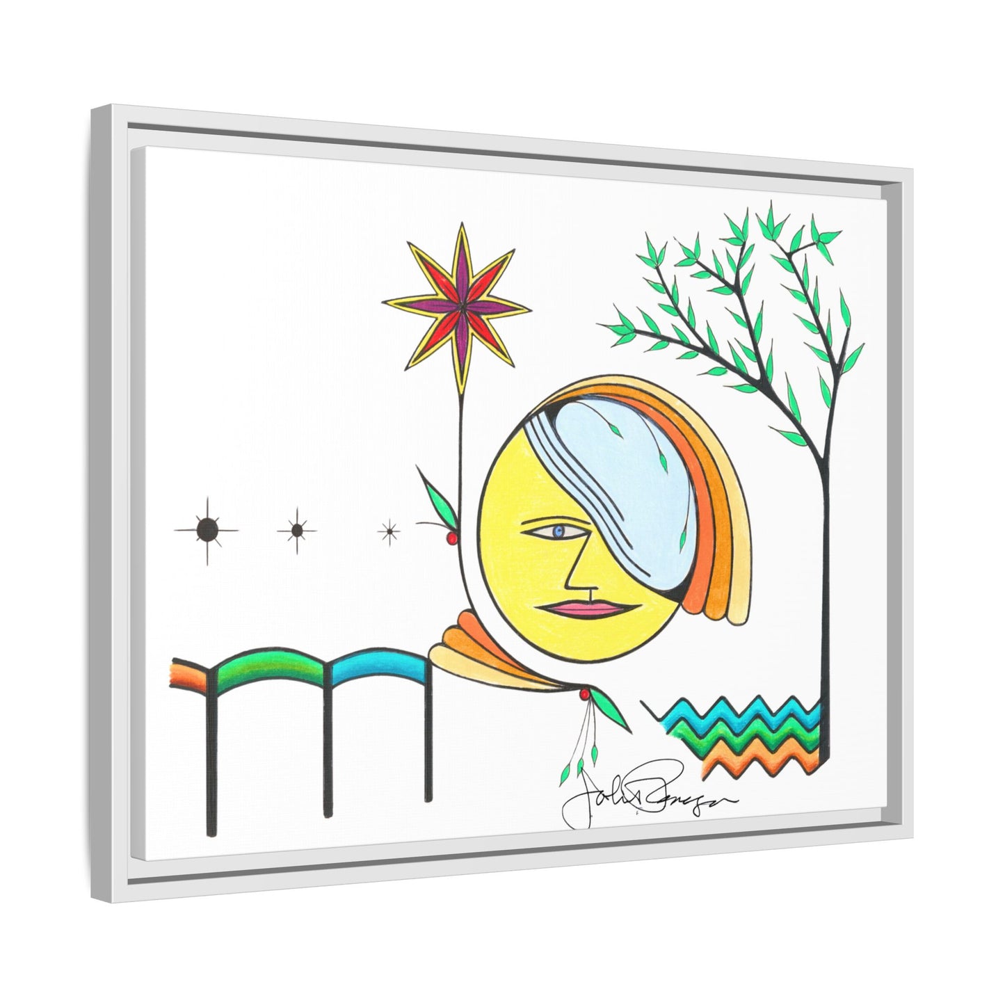 Framed Matte Canvas Art – Colorful Abstract Sun & Star Illustration
