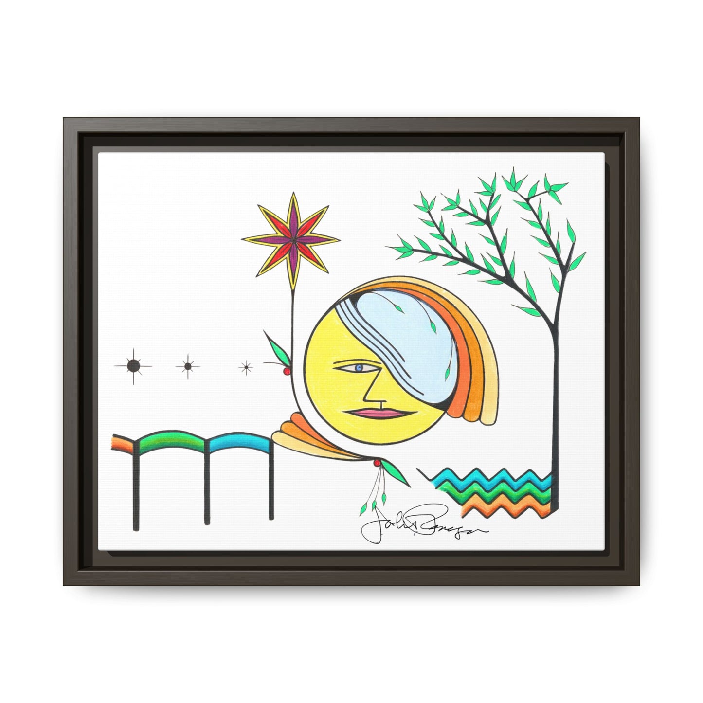 Framed Matte Canvas Art – Colorful Abstract Sun & Star Illustration