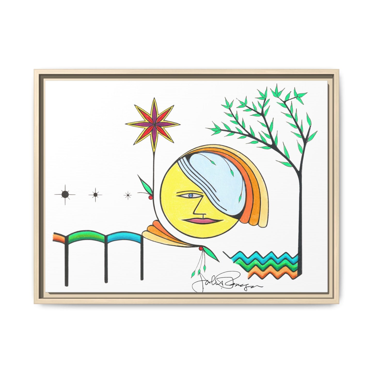 Framed Matte Canvas Art – Colorful Abstract Sun & Star Illustration