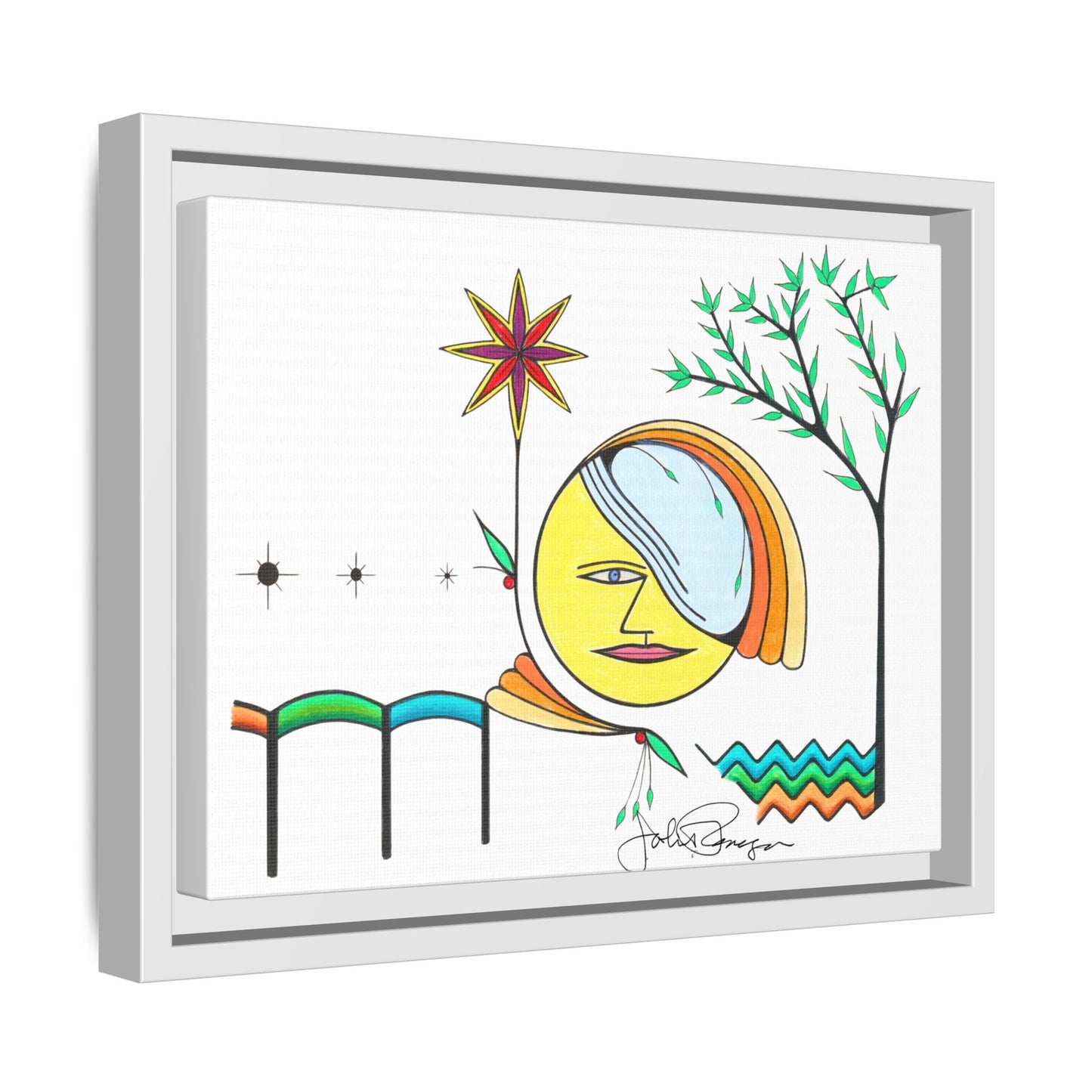Framed Matte Canvas Art – Colorful Abstract Sun & Star Illustration