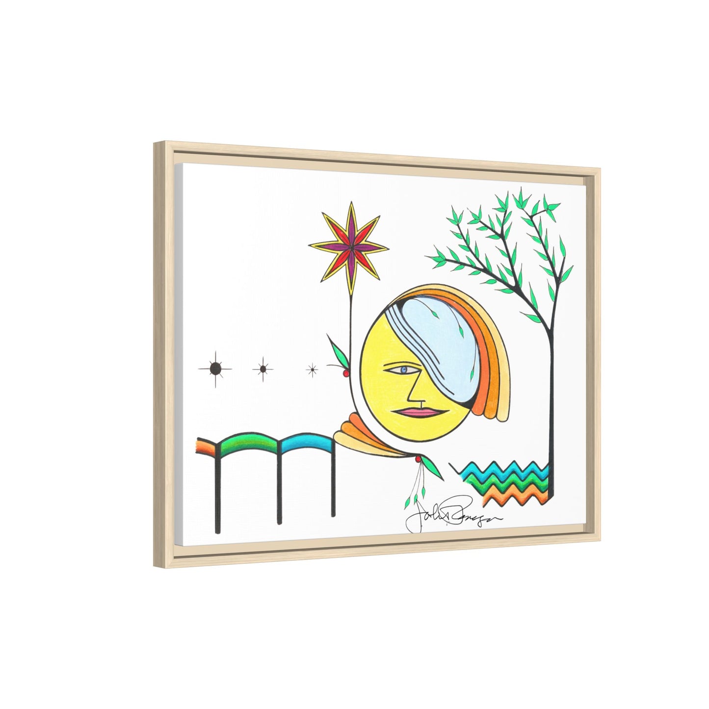 Framed Matte Canvas Art – Colorful Abstract Sun & Star Illustration