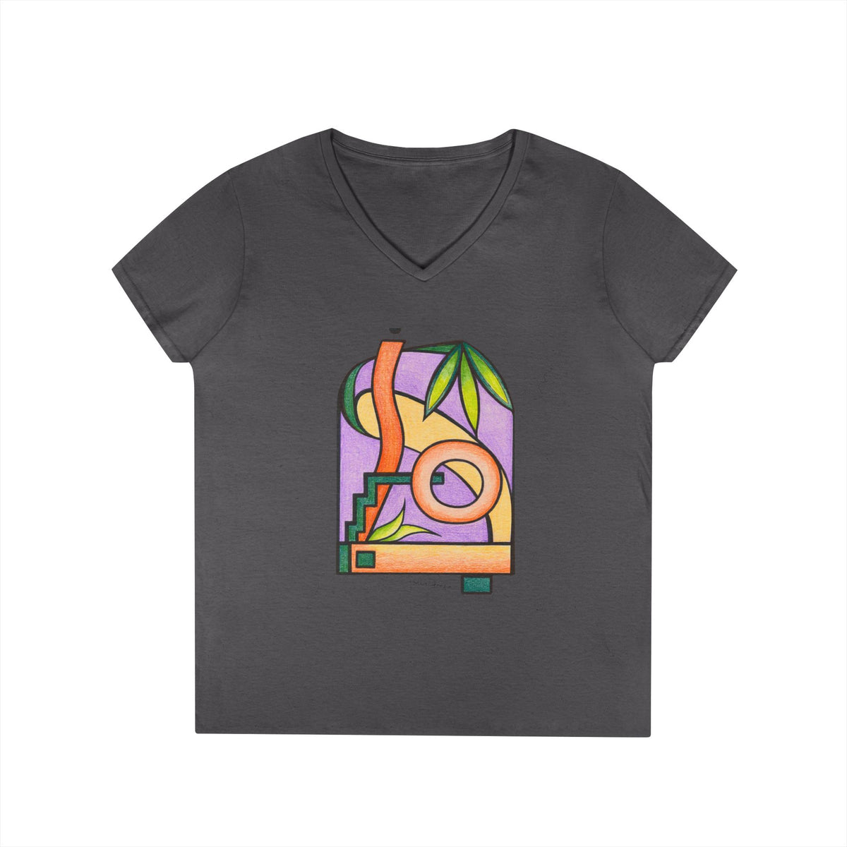 Woman's Premium Short Sleeve V-Neck Wearable Art | Colorful Geometric Palm Design
