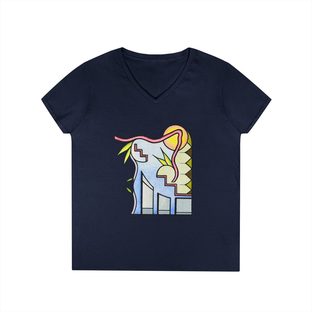Woman's Premium Short Sleeve V-Neck Wearable Art | Sunrise Cityscape
