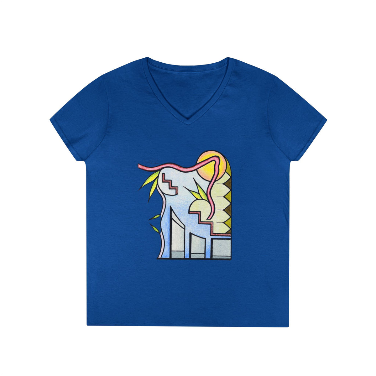Woman's Premium Short Sleeve V-Neck Wearable Art | Sunrise Cityscape