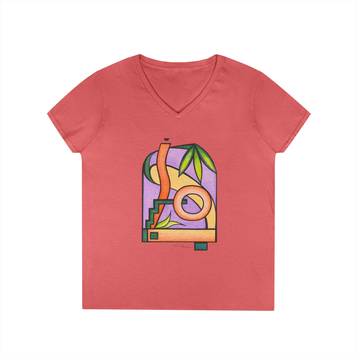 Woman's Premium Short Sleeve V-Neck Wearable Art | Colorful Geometric Palm Design
