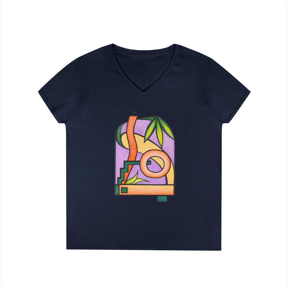 Woman's Premium Short Sleeve V-Neck Wearable Art | Colorful Geometric Palm Design