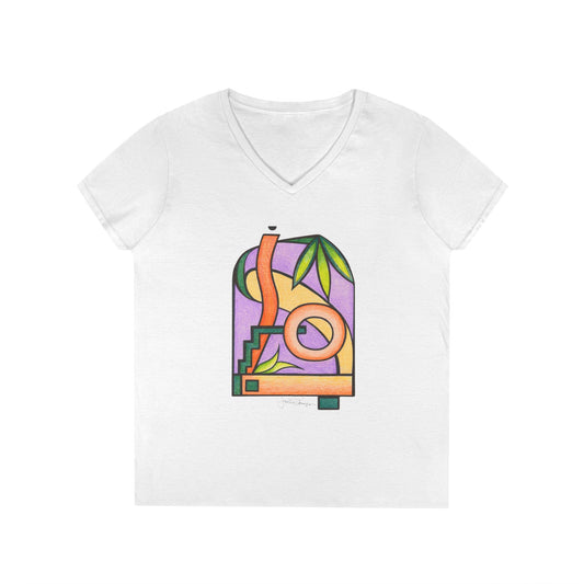 Woman's Premium Short Sleeve V-Neck Wearable Art | Colorful Geometric Palm Design