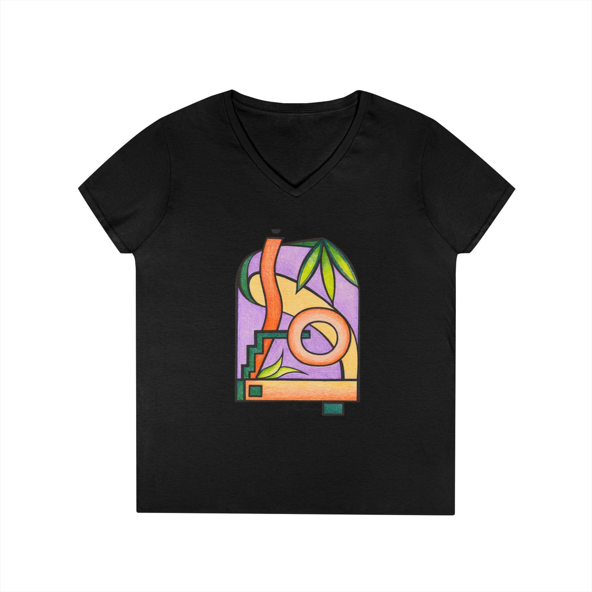 Woman's Premium Short Sleeve V-Neck Wearable Art | Colorful Geometric Palm Design