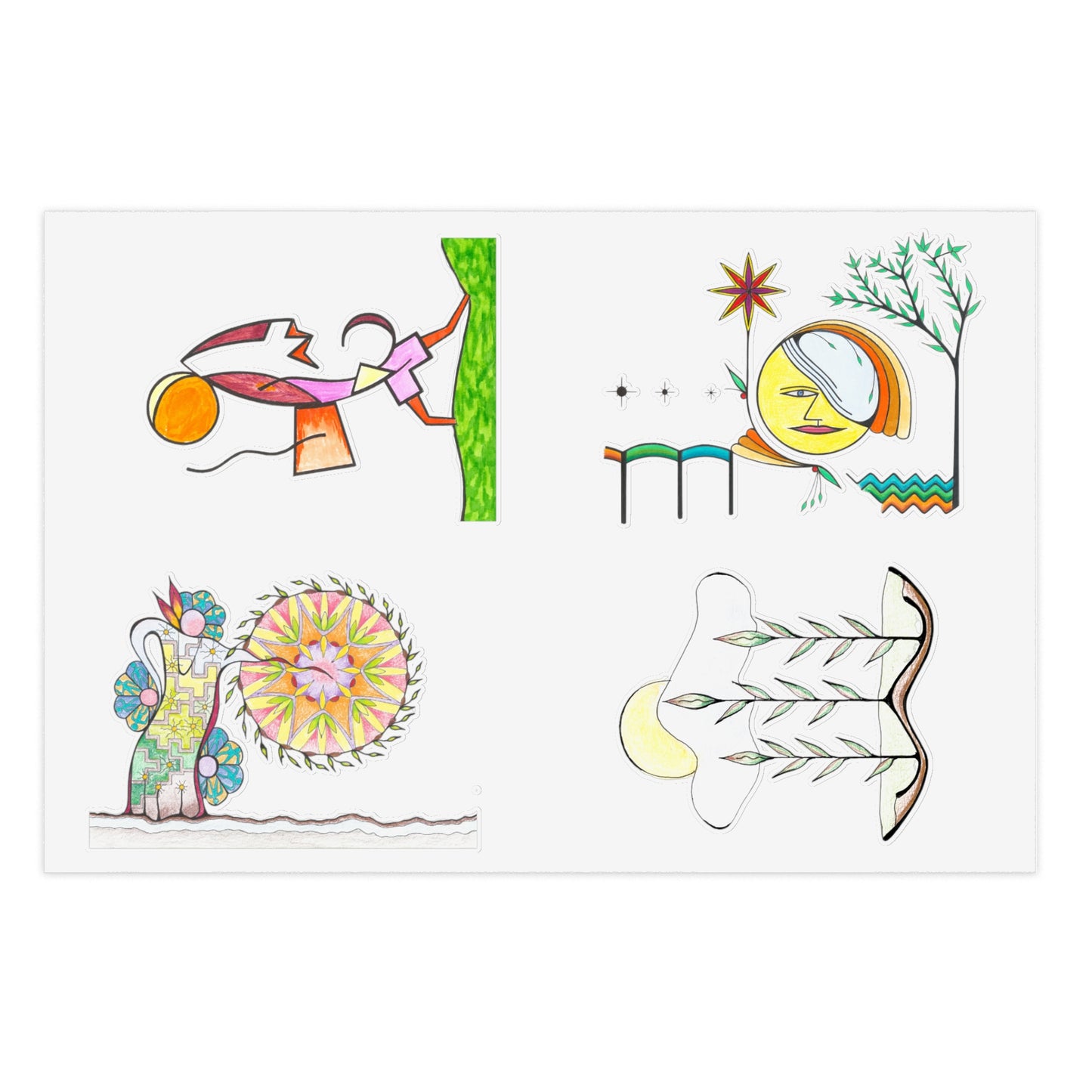 Whimsical Desert Harmony Abstract Hand-Drawn Colored Vinyl Sticker Sheet