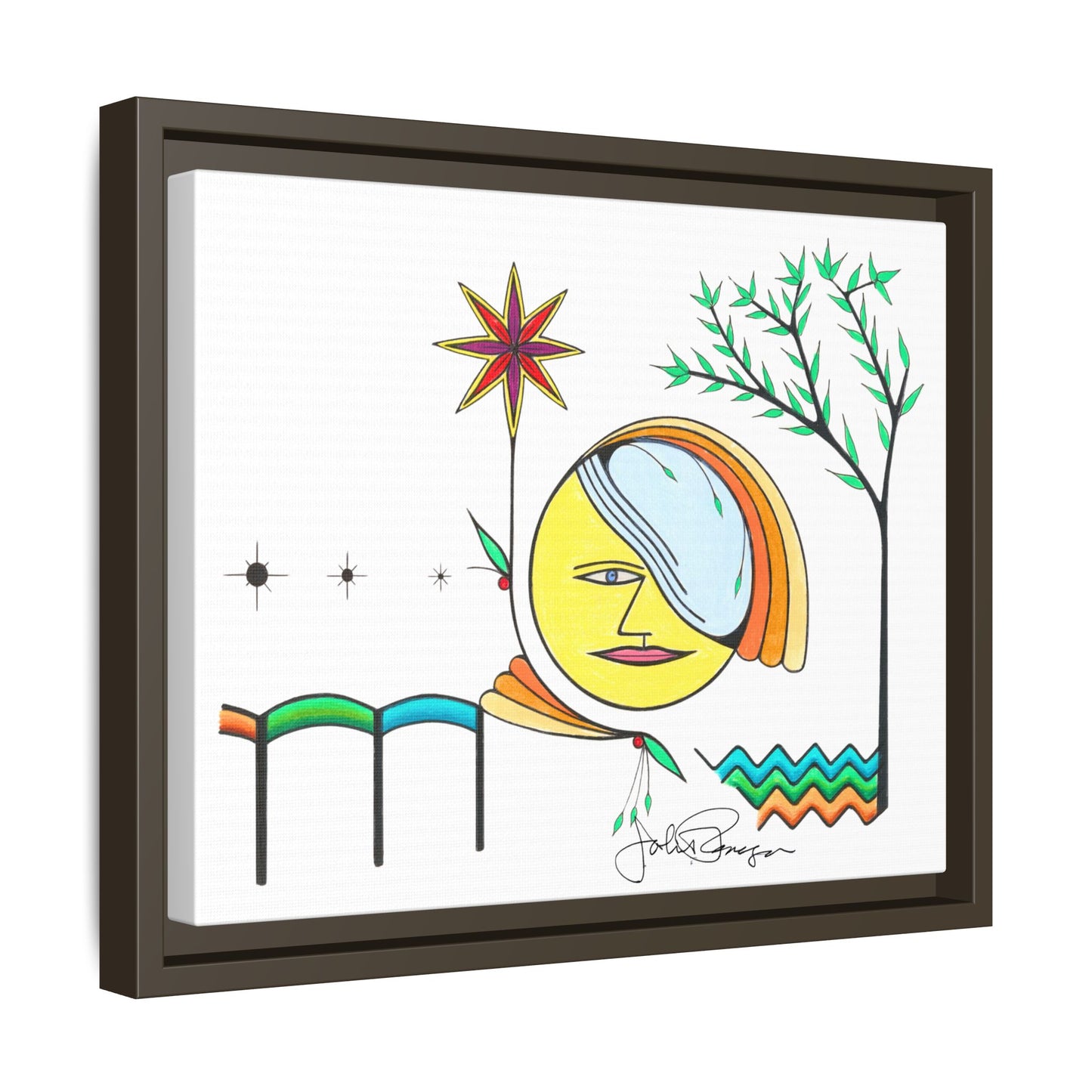 Framed Matte Canvas Art – Colorful Abstract Sun & Star Illustration
