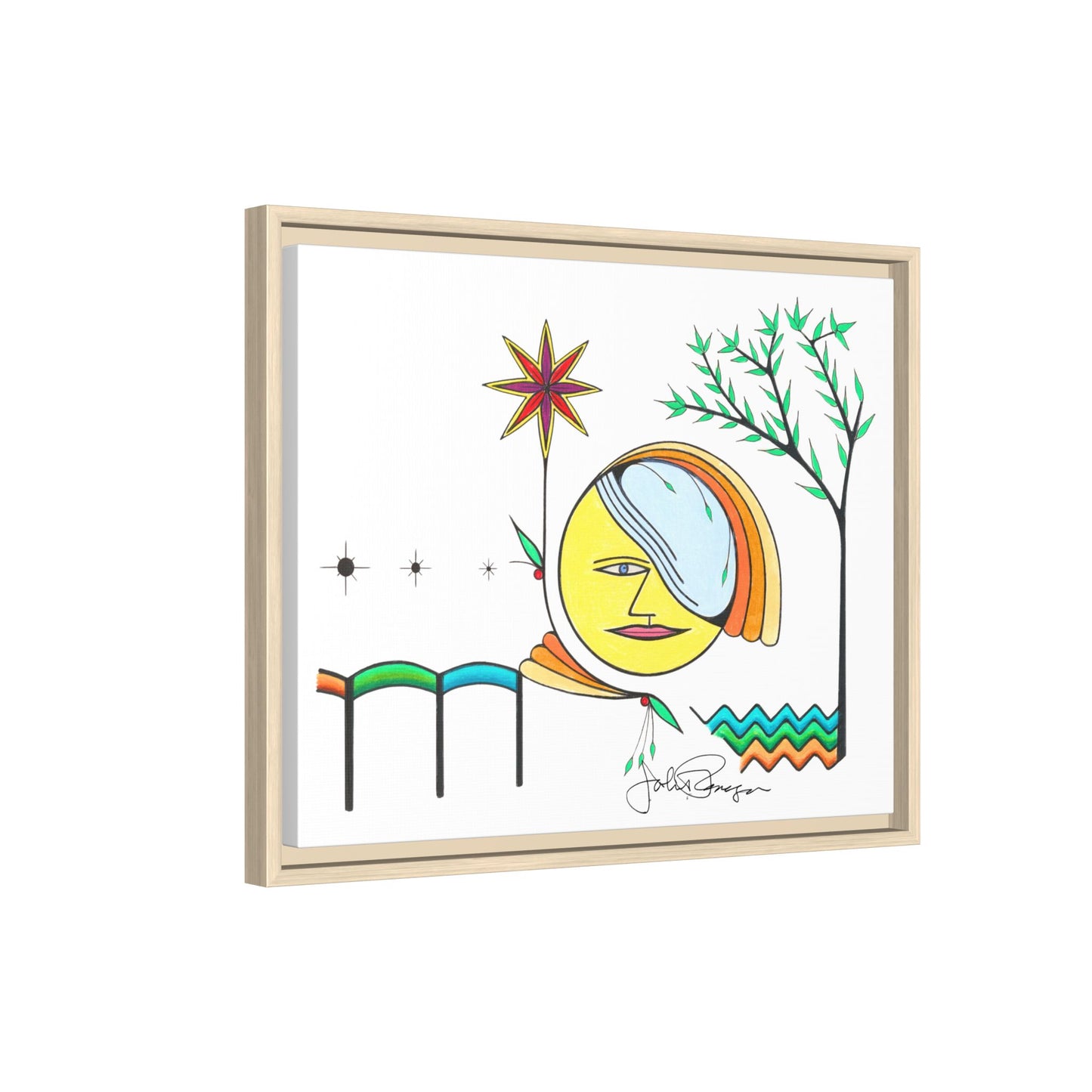 Framed Matte Canvas Art – Colorful Abstract Sun & Star Illustration