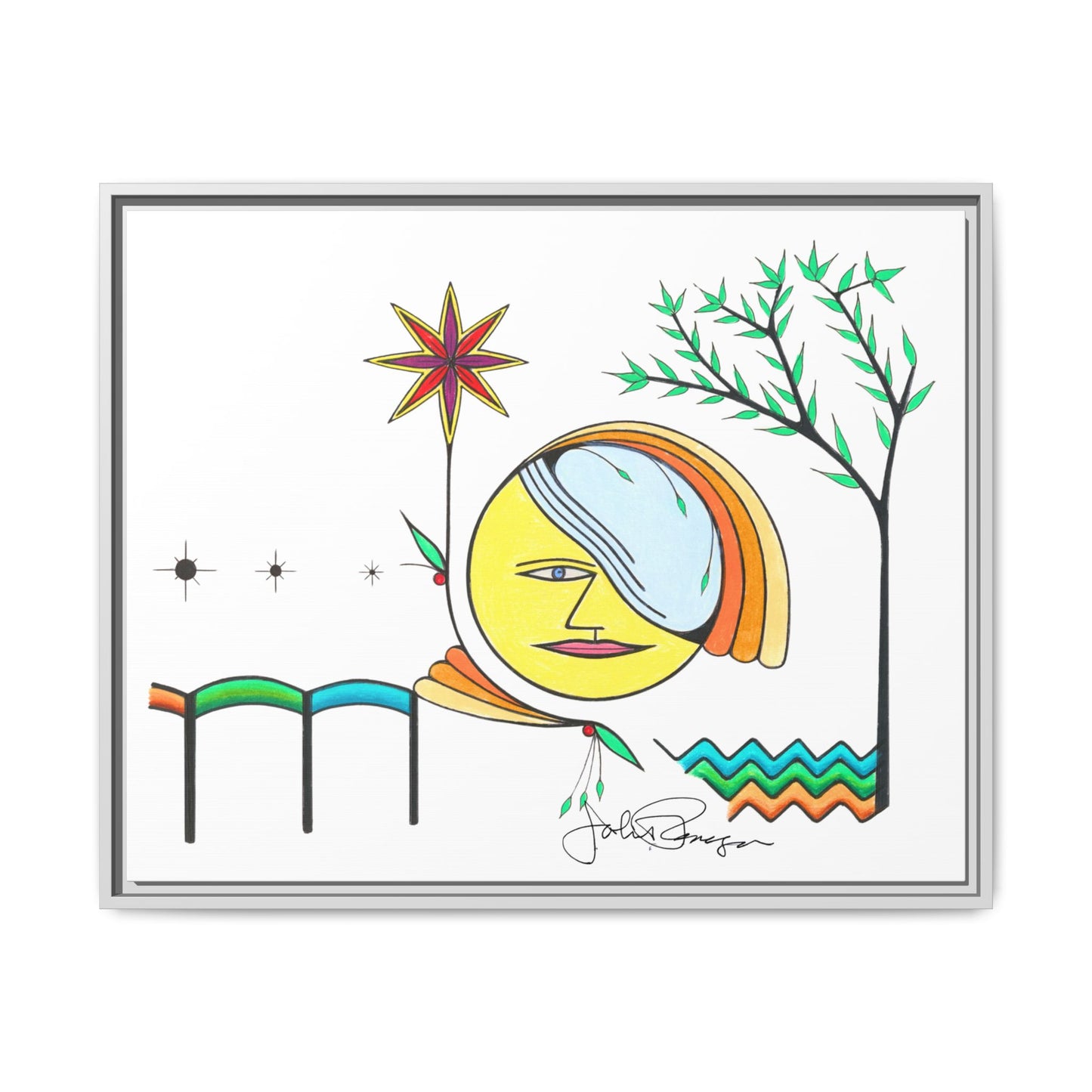 Framed Matte Canvas Art – Colorful Abstract Sun & Star Illustration
