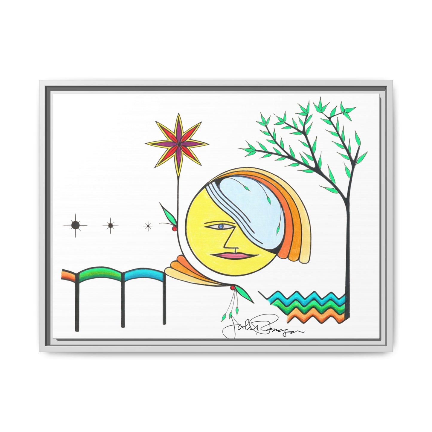 Framed Matte Canvas Art – Colorful Abstract Sun & Star Illustration