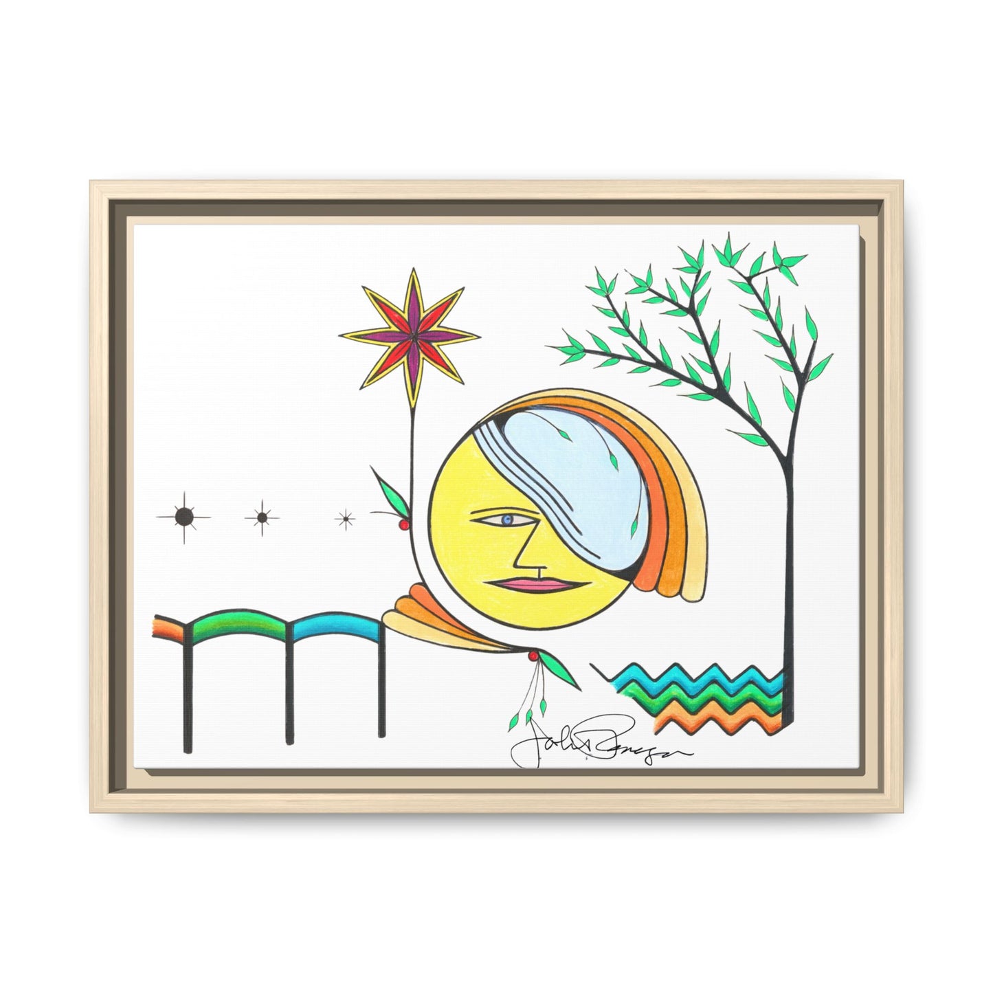 Framed Matte Canvas Art – Colorful Abstract Sun & Star Illustration