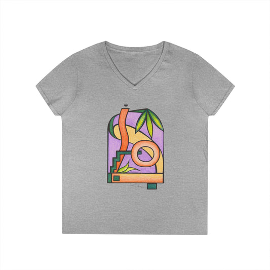 Woman's Premium Short Sleeve V-Neck Wearable Art | Colorful Geometric Palm Design