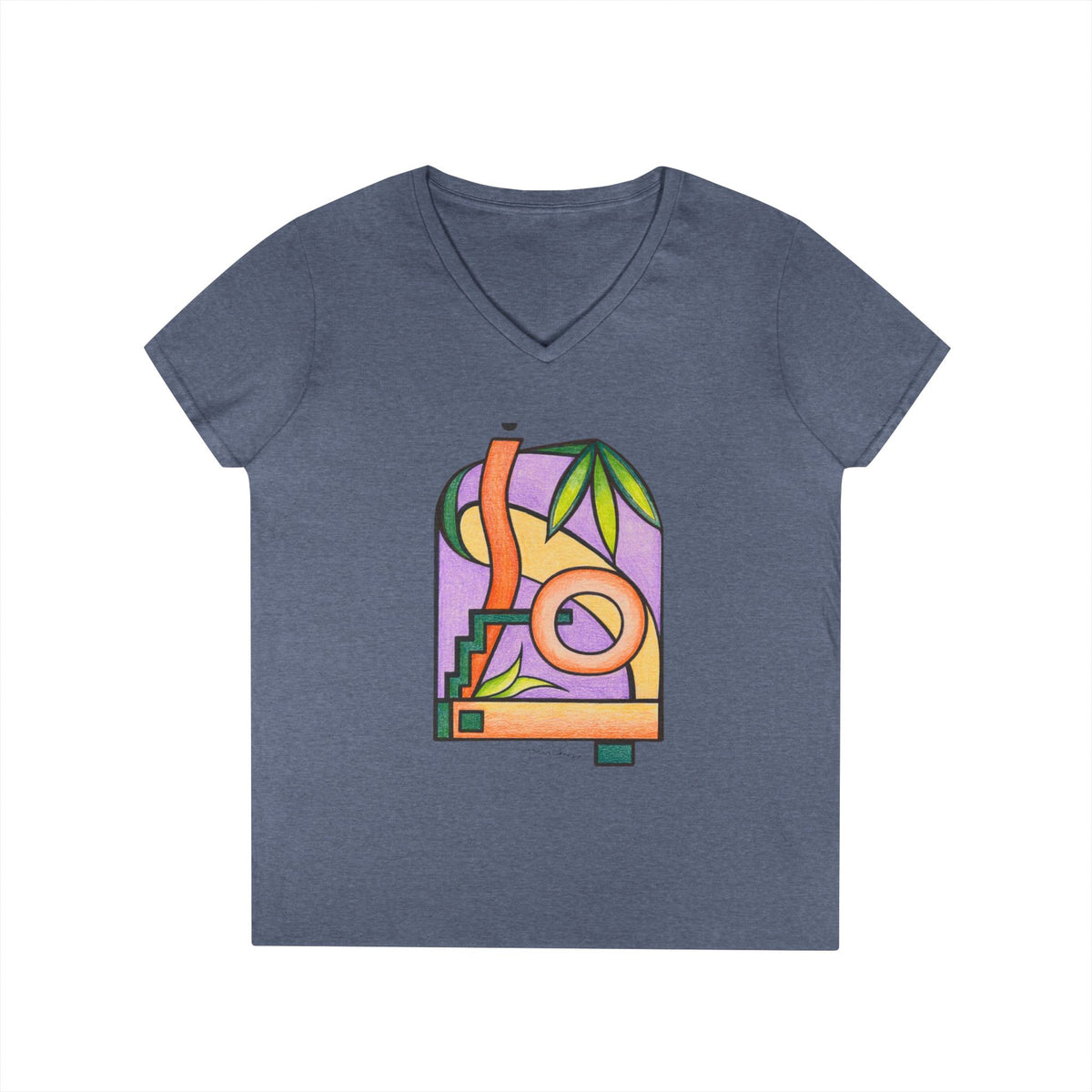 Woman's Premium Short Sleeve V-Neck Wearable Art | Colorful Geometric Palm Design