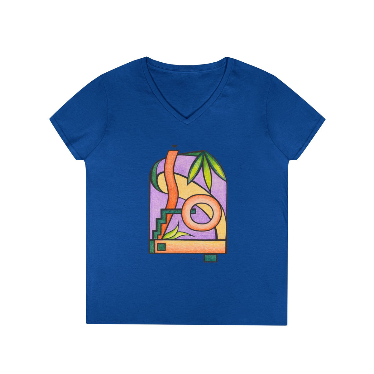 Woman's Premium Short Sleeve V-Neck Wearable Art | Colorful Geometric Palm Design