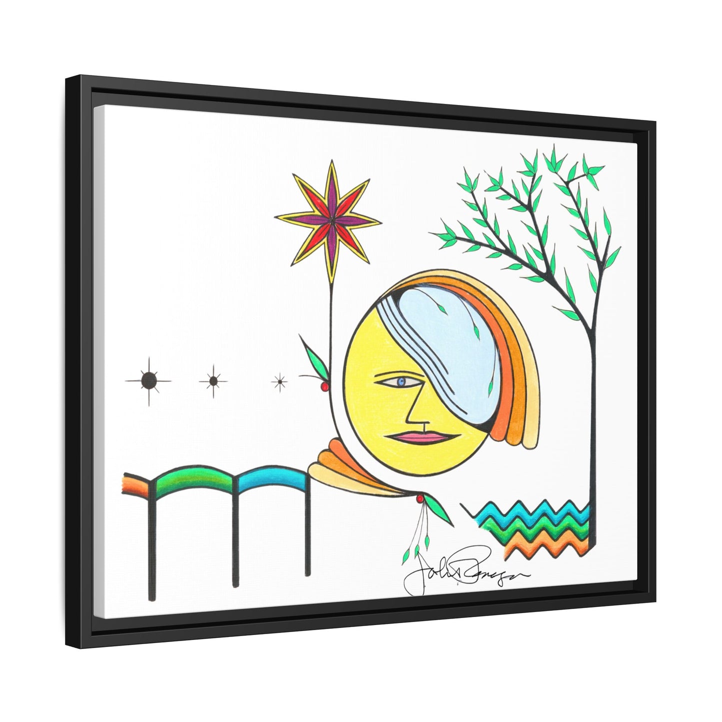 Framed Matte Canvas Art – Colorful Abstract Sun & Star Illustration