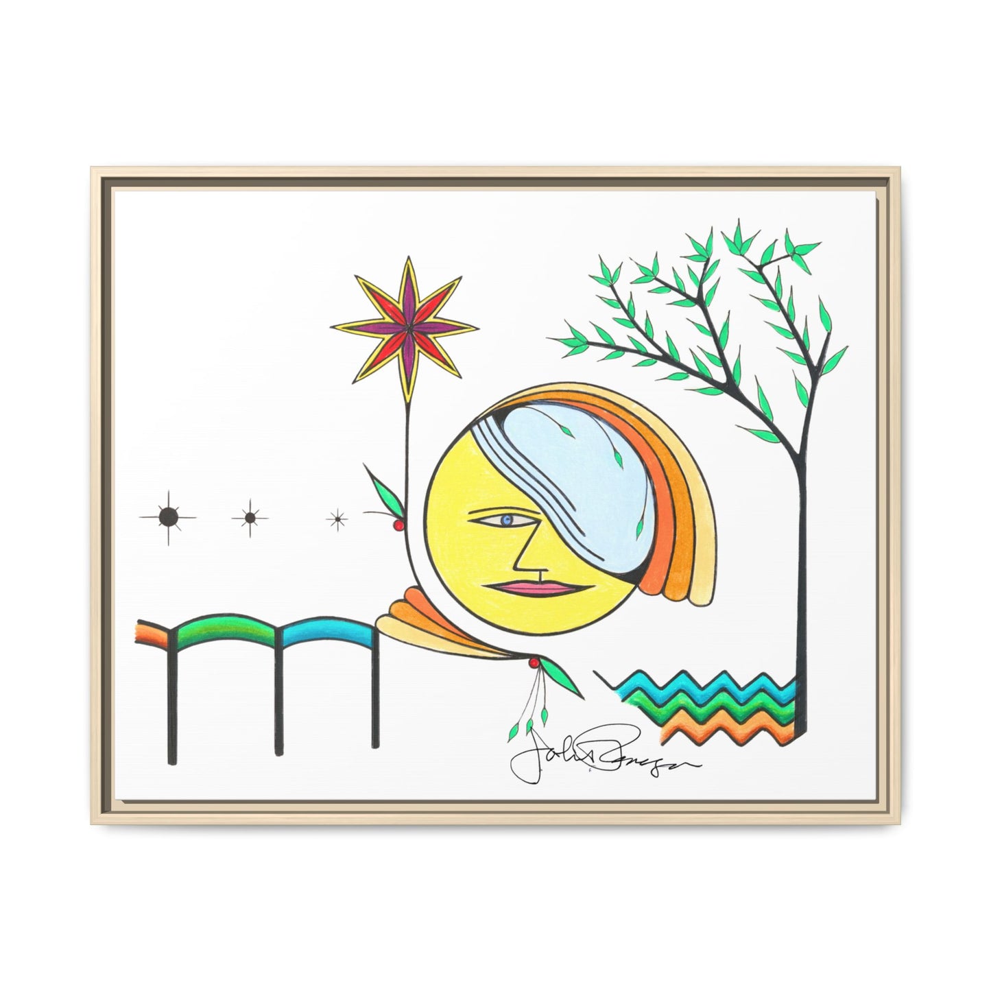 Framed Matte Canvas Art – Colorful Abstract Sun & Star Illustration