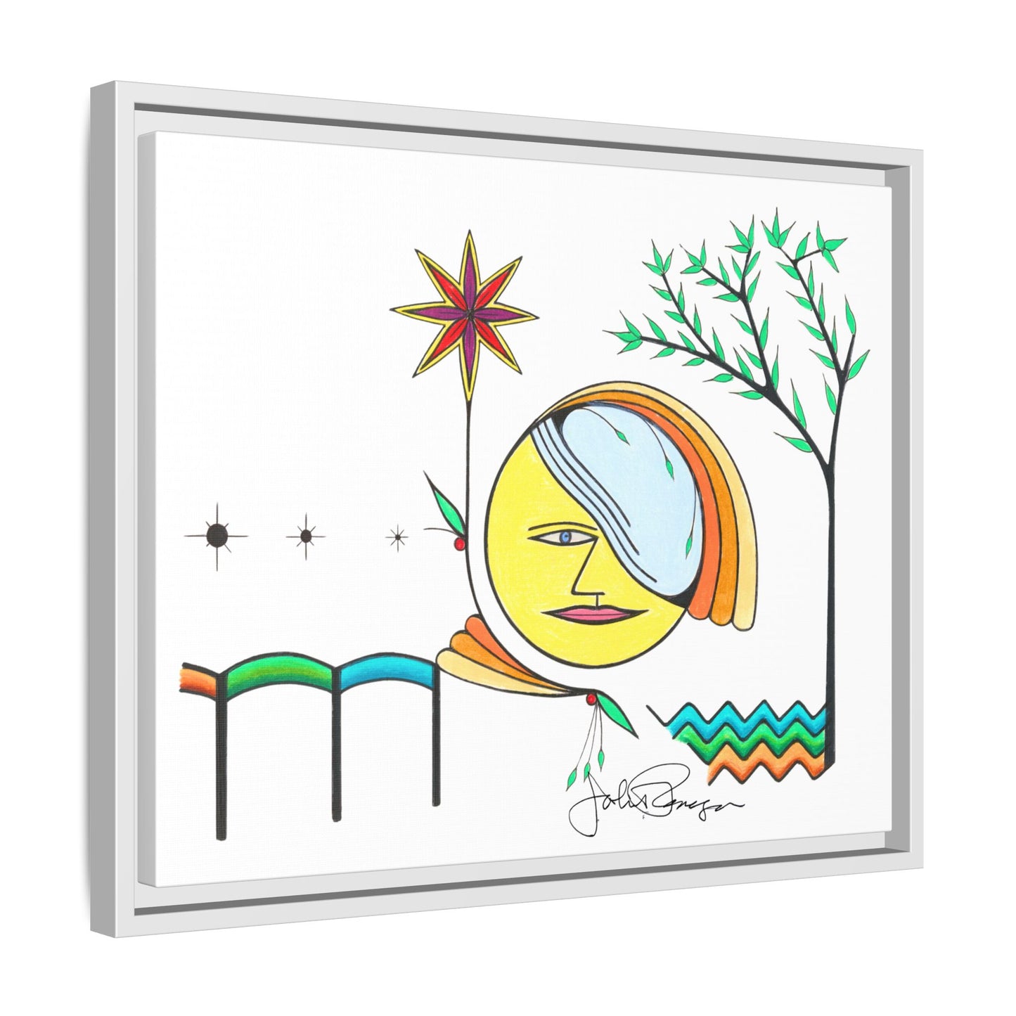 Framed Matte Canvas Art – Colorful Abstract Sun & Star Illustration