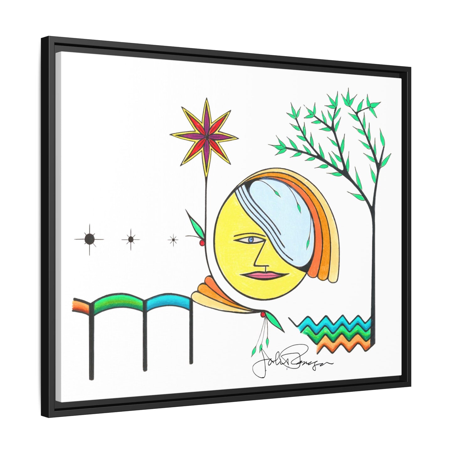 Framed Matte Canvas Art – Colorful Abstract Sun & Star Illustration