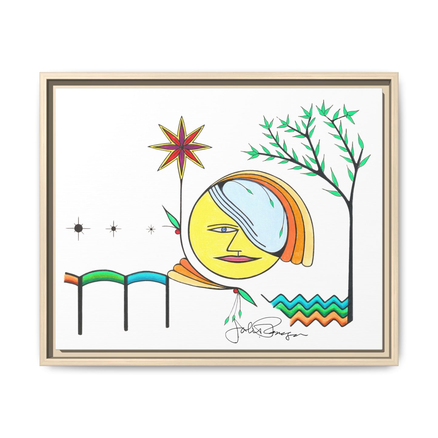 Framed Matte Canvas Art – Colorful Abstract Sun & Star Illustration