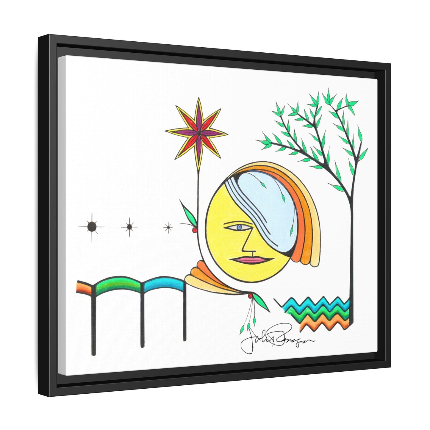 Framed Matte Canvas Art – Colorful Abstract Sun & Star Illustration
