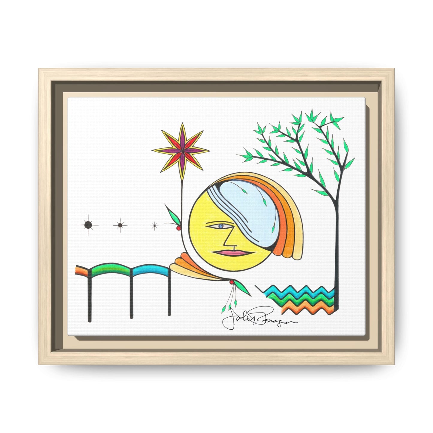 Framed Matte Canvas Art – Colorful Abstract Sun & Star Illustration