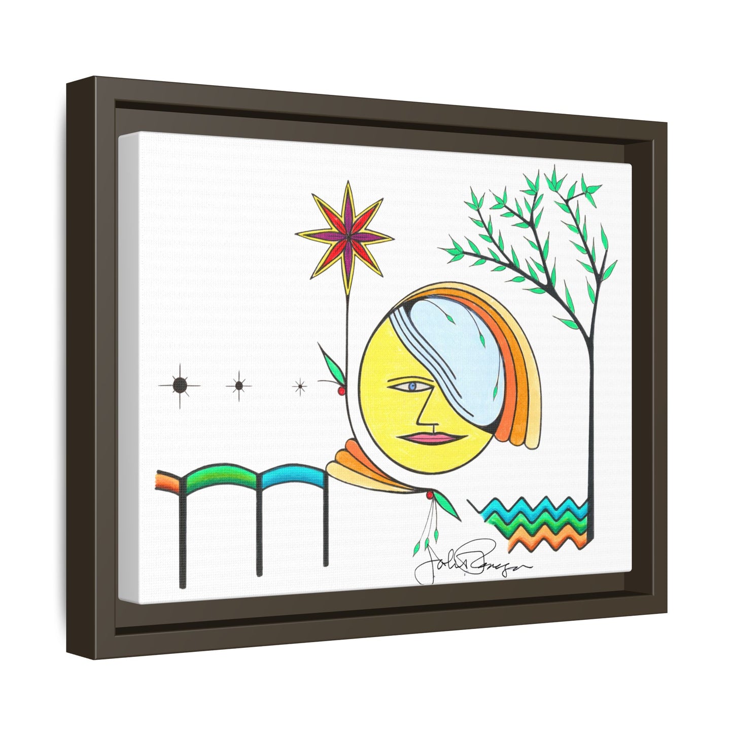 Framed Matte Canvas Art – Colorful Abstract Sun & Star Illustration