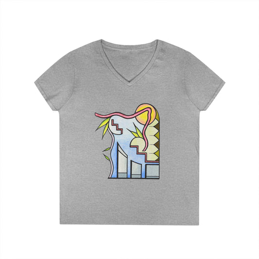 Woman's Premium Short Sleeve V-Neck Wearable Art | Sunrise Cityscape