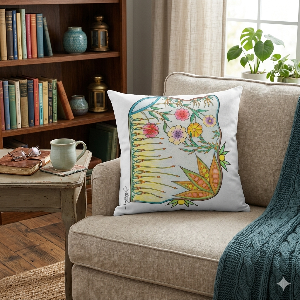 A square white throw pillow with a colorful botanical and floral illustration, resting on a beige fabric armchair in a cozy living room setting.