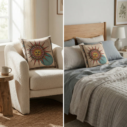 Vintage Sun and Moon Decorative Pillow — Boho Celestial Throw Cushion