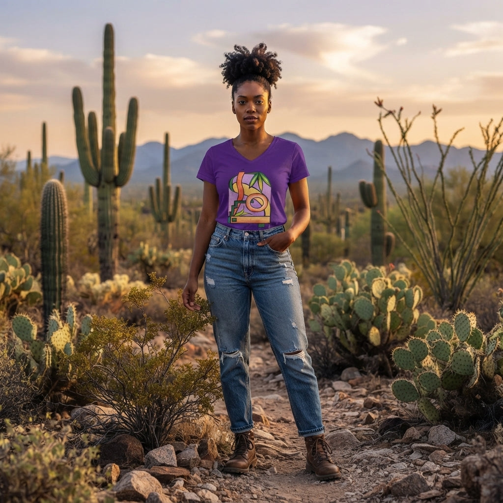 Woman's Premium Short Sleeve V-Neck Wearable Art | Colorful Geometric Palm Design
