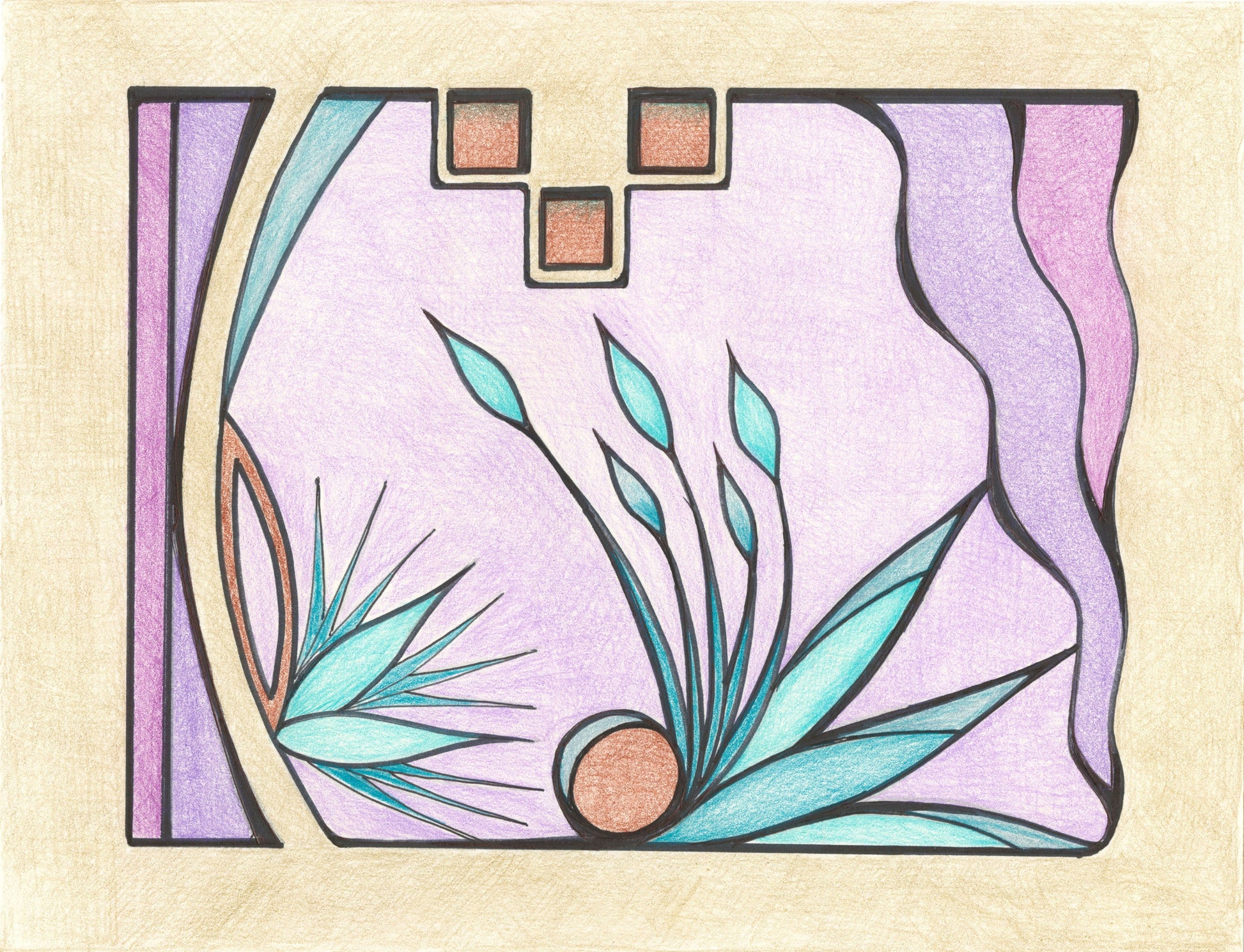 Decorative design in shades of purple with abstract plants and geometric shapes on a beige background