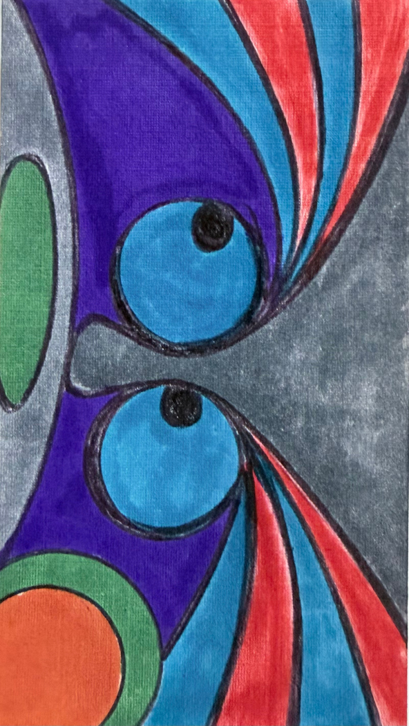 Abstract artwork of a character big eyes and  colorful swirls on a dark background
