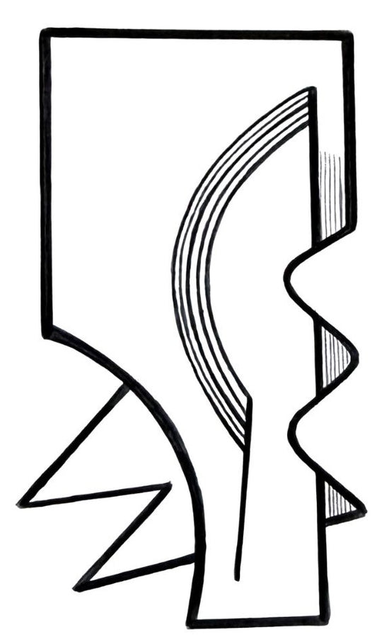Black and white abstract design with wavy lines and geometric shapes