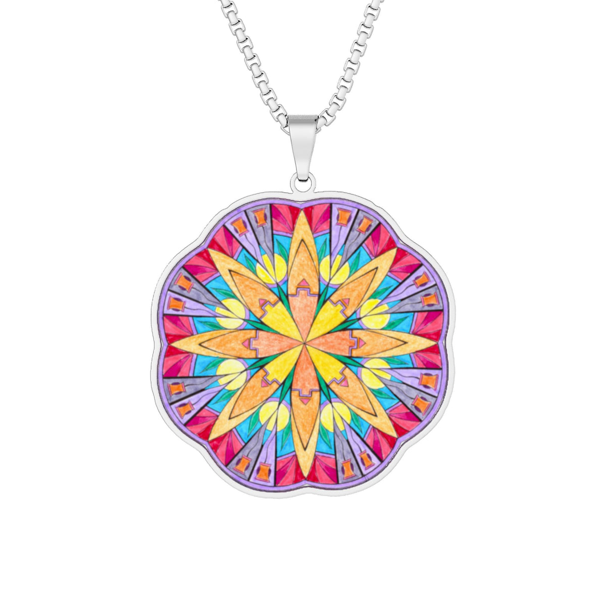 A silver chain necklace with a scalloped circular pendant featuring a vibrant, multicolored mandala design in shades of pink, yellow, orange, and purple.  Also available in Stainless steel and gold.